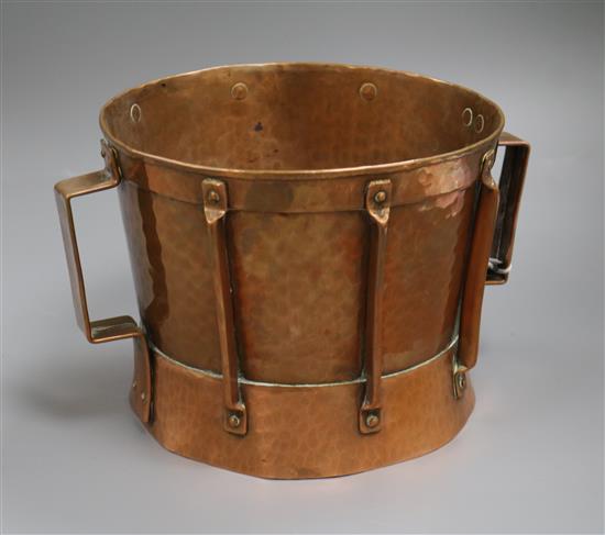 A copper secessionist drum style planter 18cm high, 23cm diameter